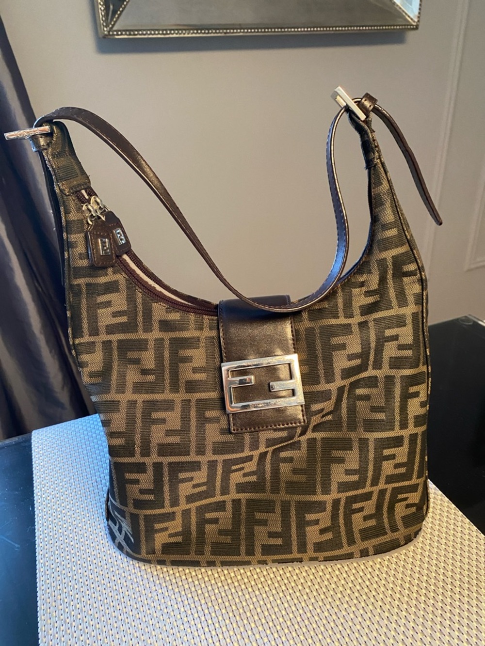 Authentic Fendi Brown FF Zucca Canvas Shoulder Bag with Silver Buckle